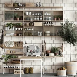 Sale String Cabinet vitrina con puertas correderas de cristal , Fresno, 78x30 cm Beige