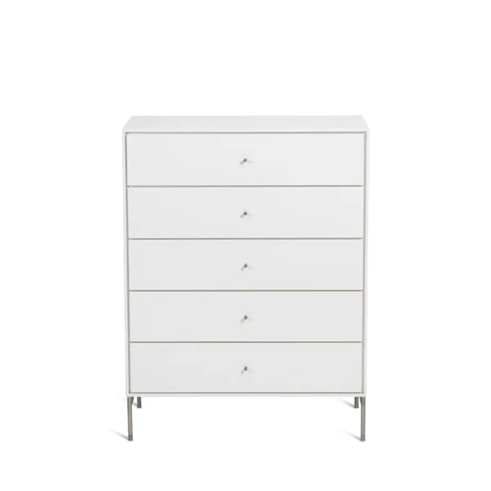 New Mavis Cómoda Volt 5 cajones blanca, Detalles en acero inoxidable Blanco