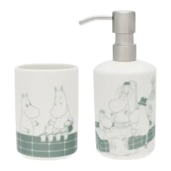 Discount Moomin Arabia Dispensador de jabón y portacepillos de dientes Mumin, Hora del baño verde-blanco VerdeBlanco