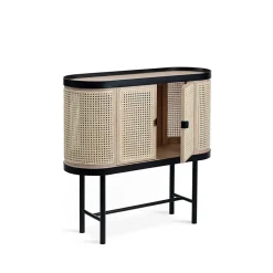Outlet Warm Nordic Mueble bar Be My Guest, Ratán, roble aceitado blanco, base de acero en color negro Beige