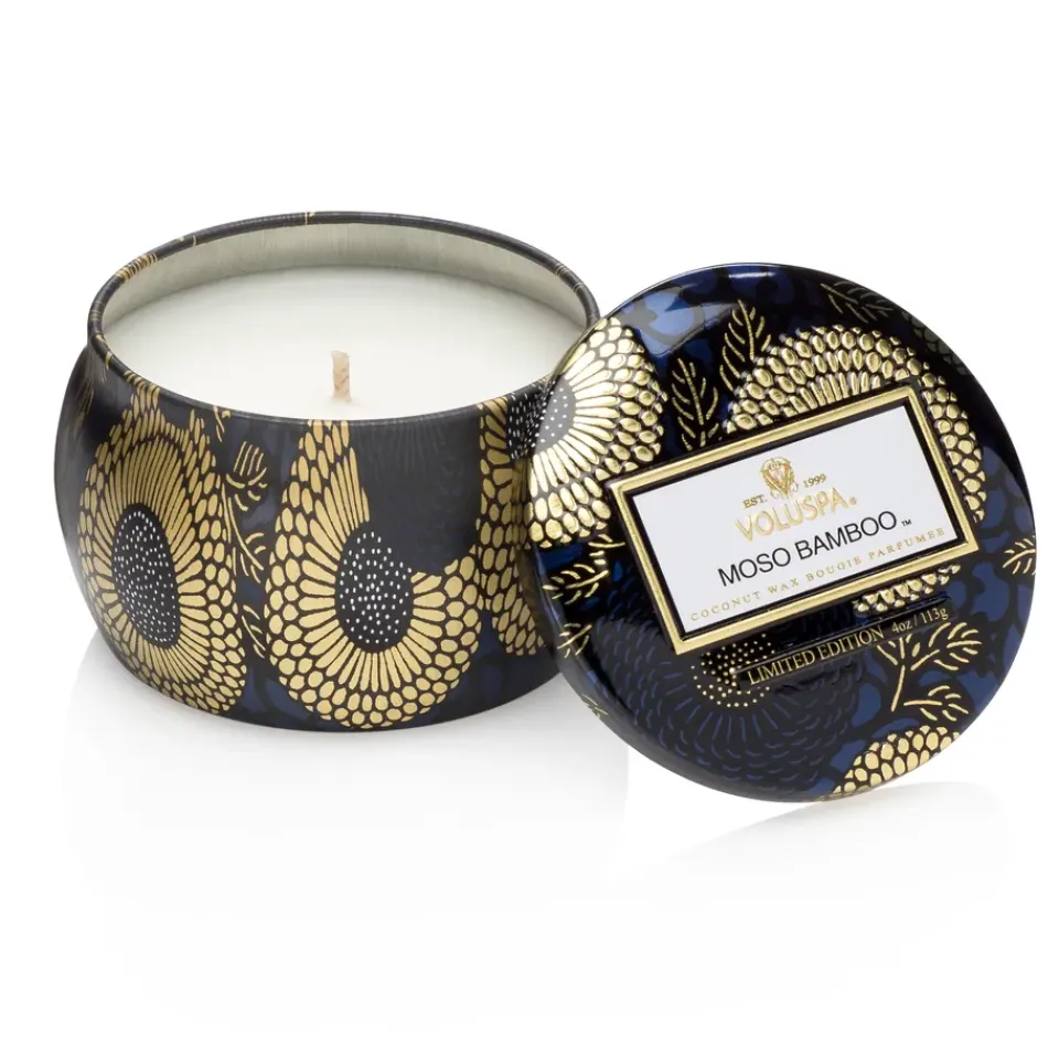 Sale Voluspa Vela perfumada Decorative Tin 25h, Moso Bamboo Color doradoNegroBlanco
