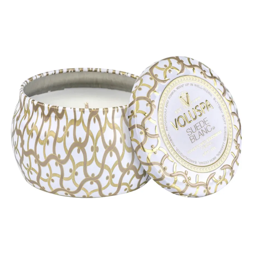 Discount Voluspa Vela perfumada Maison Blanc Mini Tin 25 horas, Suede Blanc BeigeColor doradoBlanco