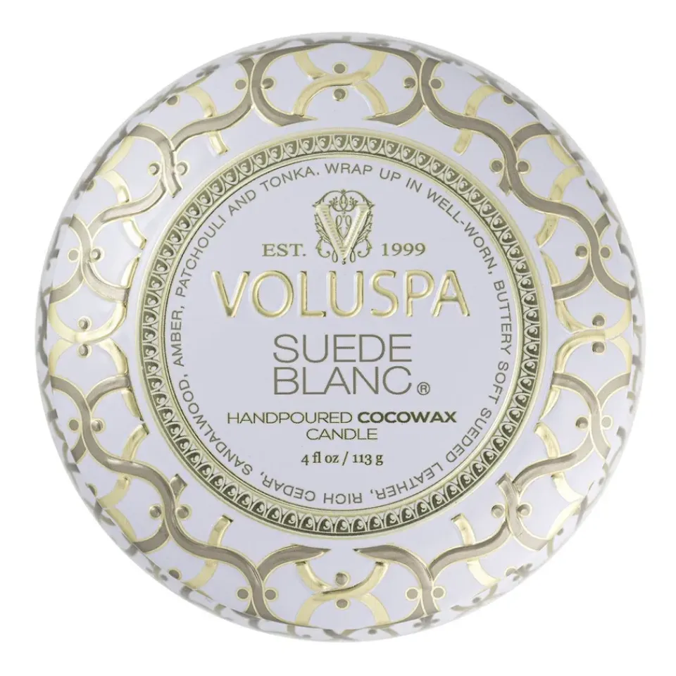 Discount Voluspa Vela perfumada Maison Blanc Mini Tin 25 horas, Suede Blanc BeigeColor doradoBlanco