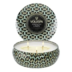 New Voluspa Vela perfumada Maison Noir 3-wick Tin 40 horas, French Linen Color doradoNegroTurquesa